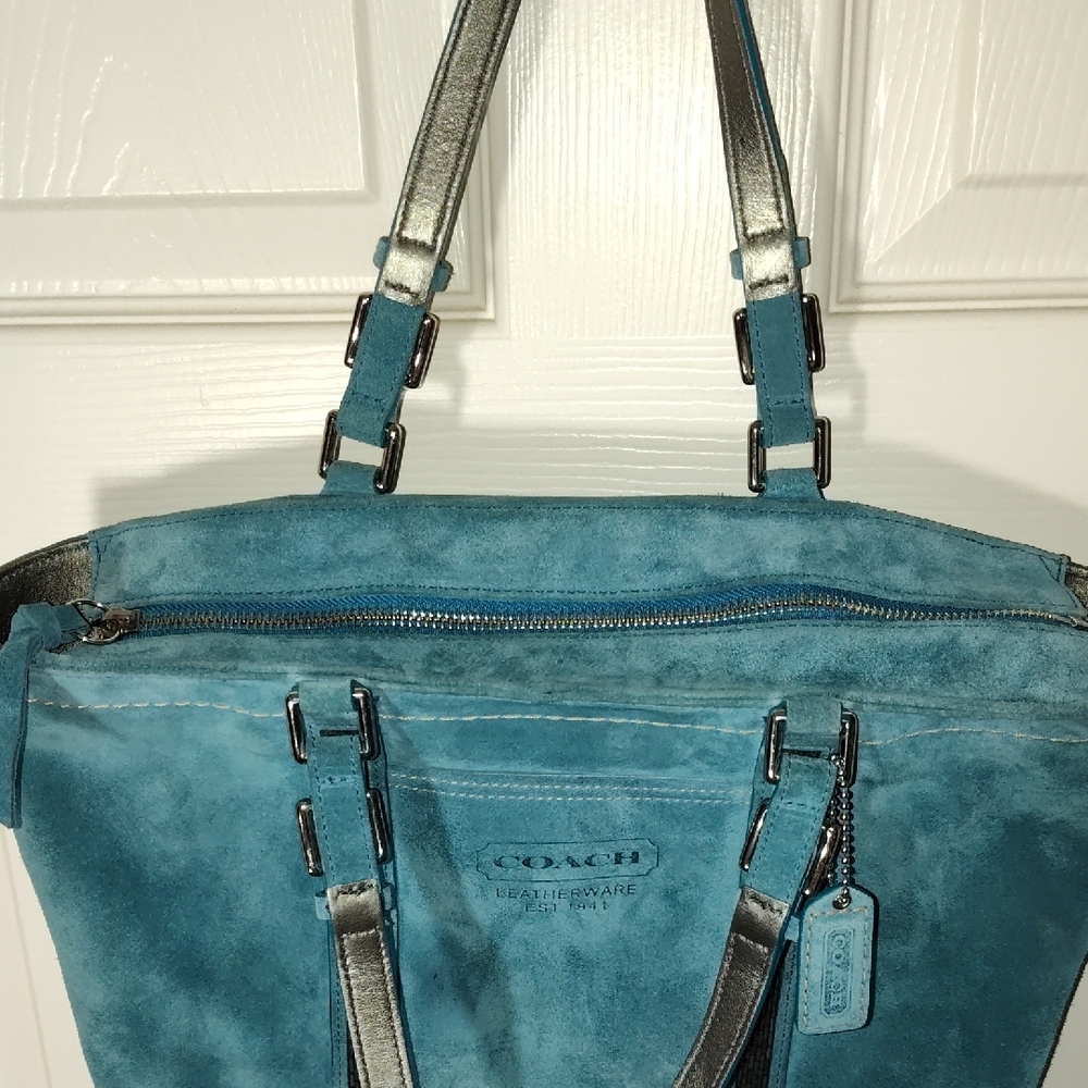 Coach 8B31 Torqoise Blue Suede Tote Gunmetal Beaded Zipper Shoulder Bag - Picture 7 of 17